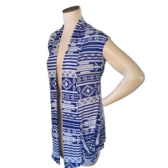 Derek Heart M Lightweight Vest Cardigan Blue White Aztec Tribal Pockets 109C - Picture 4 of 9